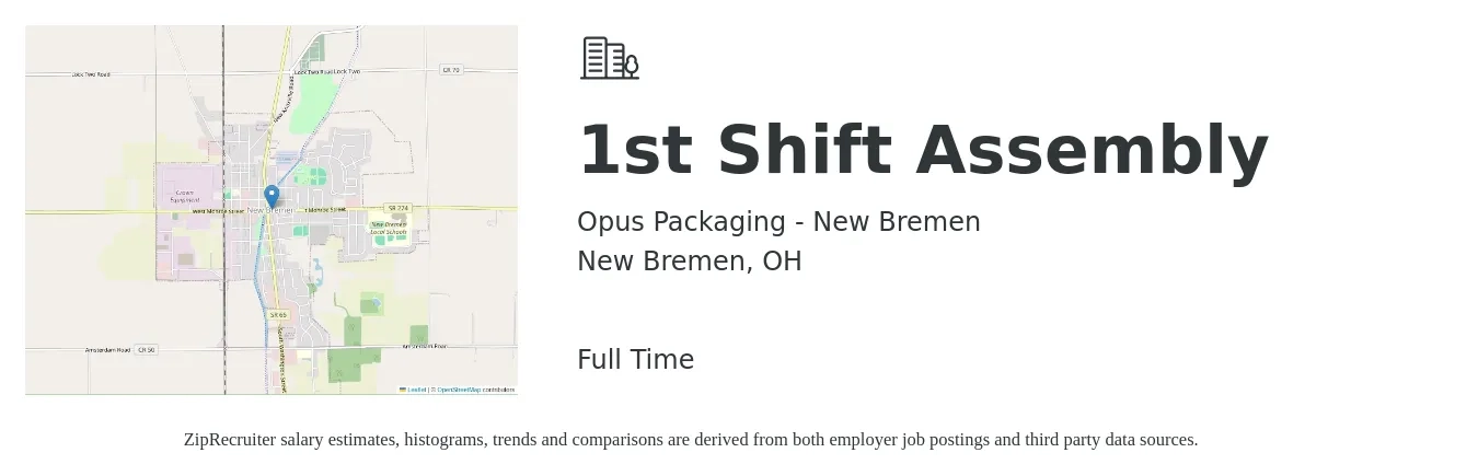 Opus Packaging - New Bremen job posting for a 1st Shift Assembly in New Bremen, OH with a salary of $16 to $19 Hourly with a map of New Bremen location.