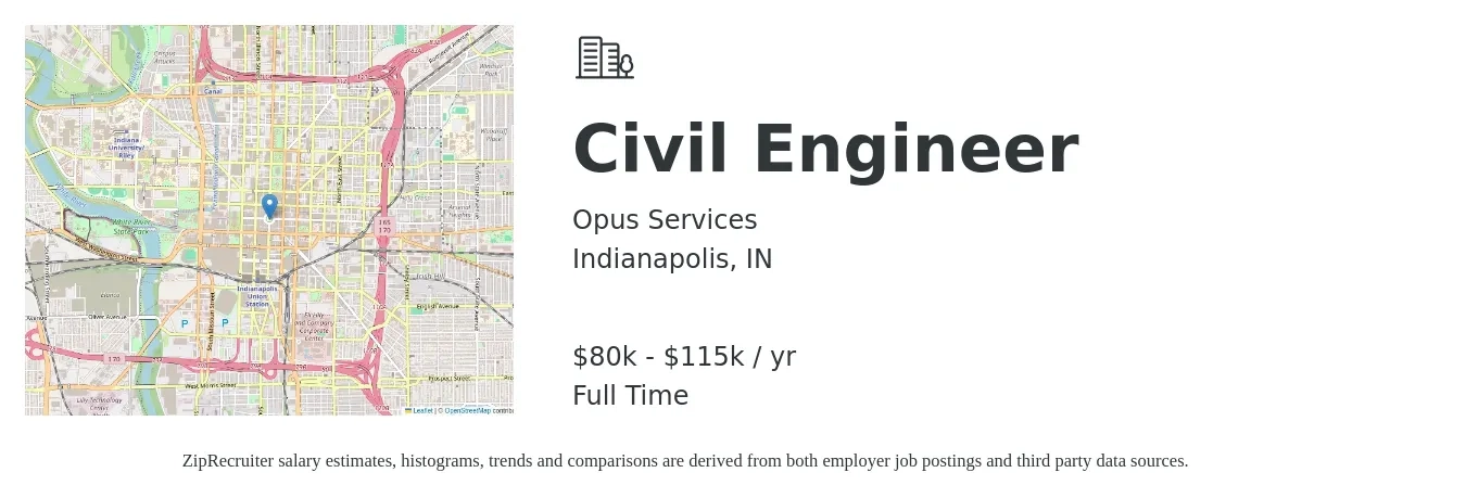 Opus Services job posting for a Civil Engineer in Indianapolis, IN with a salary of $80,000 to $115,000 Yearly with a map of Indianapolis location.