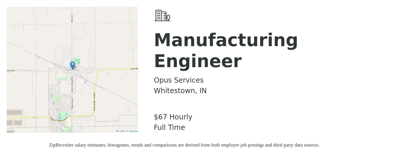 Opus Services job posting for a Manufacturing Engineer in Whitestown, IN with a salary of $70 Hourly with a map of Whitestown location.