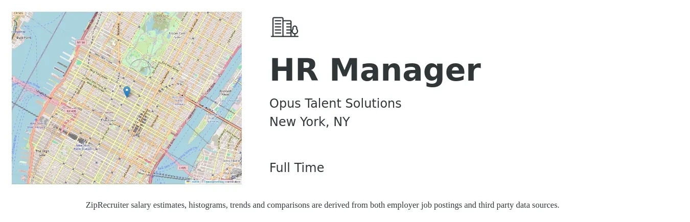 Opus Talent Solutions job posting for a HR Manager in New York, NY with a salary of $75,500 to $109,400 Yearly with a map of New York location.