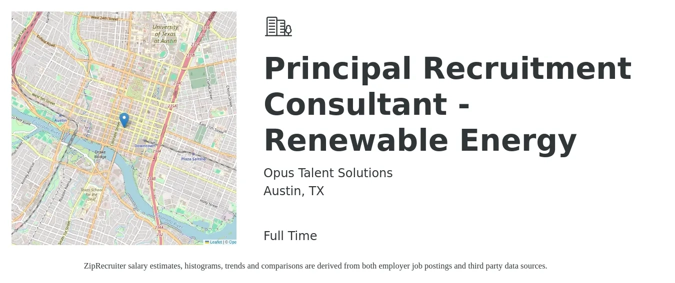 Opus Talent Solutions job posting for a Principal Recruitment Consultant - Renewable Energy in Austin, TX with a salary of $48,100 to $60,500 Yearly with a map of Austin location.