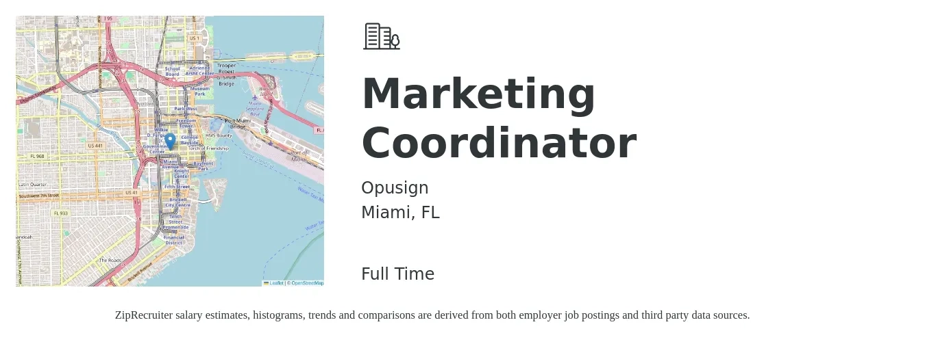 Opusign job posting for a Marketing Coordinator in Miami, FL with a salary of $900 Weekly with a map of Miami location.