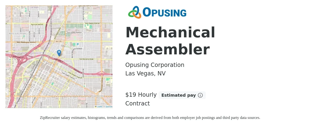 Opusing Corporation job posting for a Mechanical Assembler in Las Vegas, NV with a salary of $20 Hourly with a map of Las Vegas location.