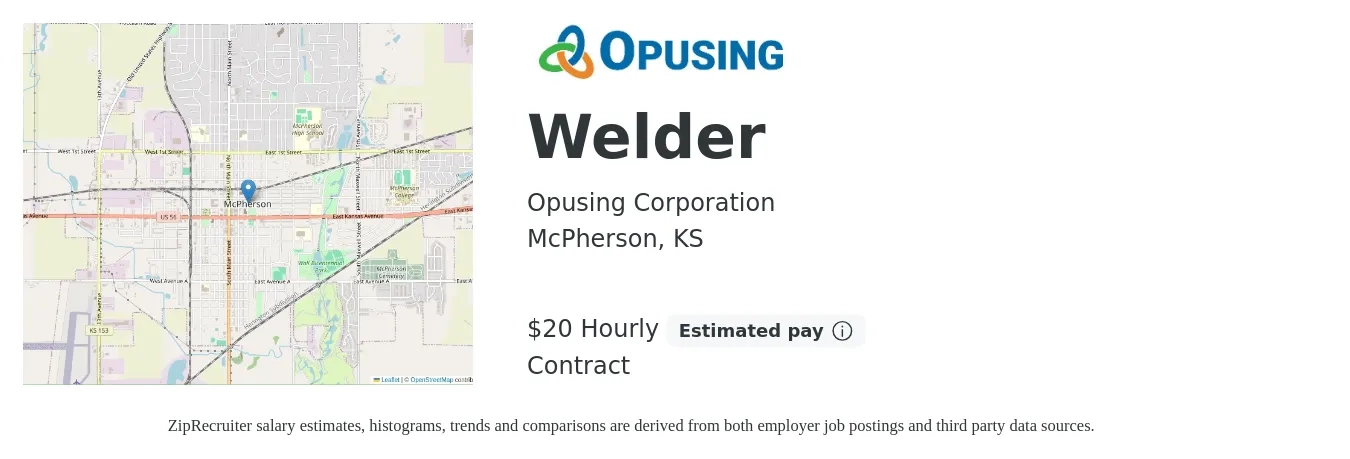 Opusing Corporation job posting for a Welder in McPherson, KS with a salary of $21 Hourly with a map of McPherson location.