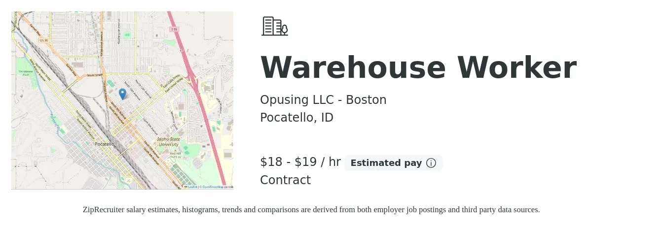Opusing LLC - Boston job posting for a Warehouse Worker in Pocatello, ID with a salary of $19 to $20 Hourly with a map of Pocatello location.