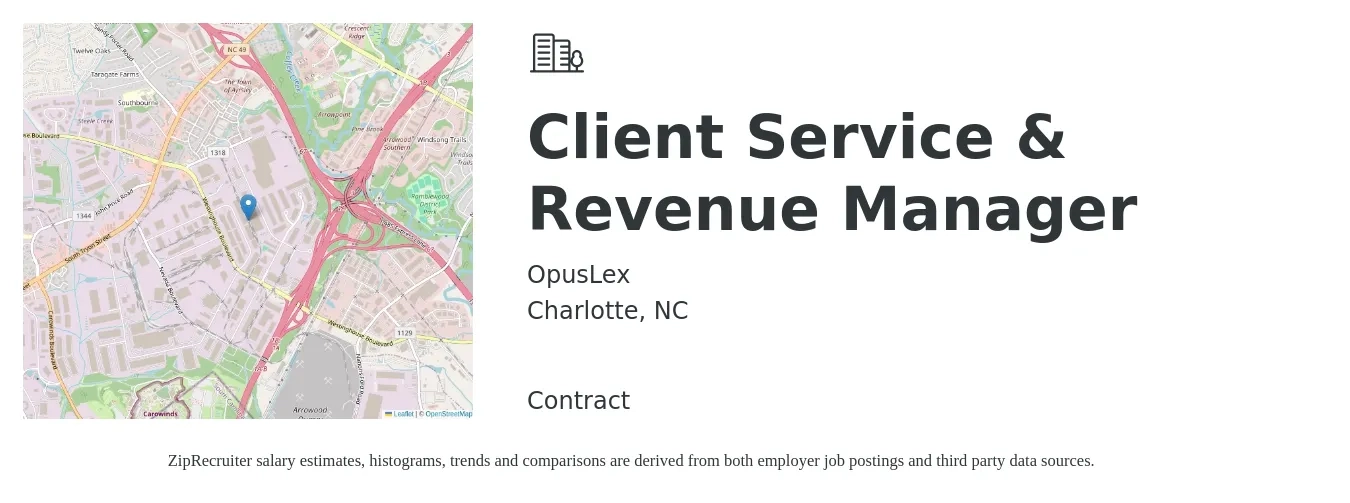OpusLex job posting for a Client Service & Revenue Manager in Charlotte, NC with a salary of $48,800 to $81,100 Yearly with a map of Charlotte location.