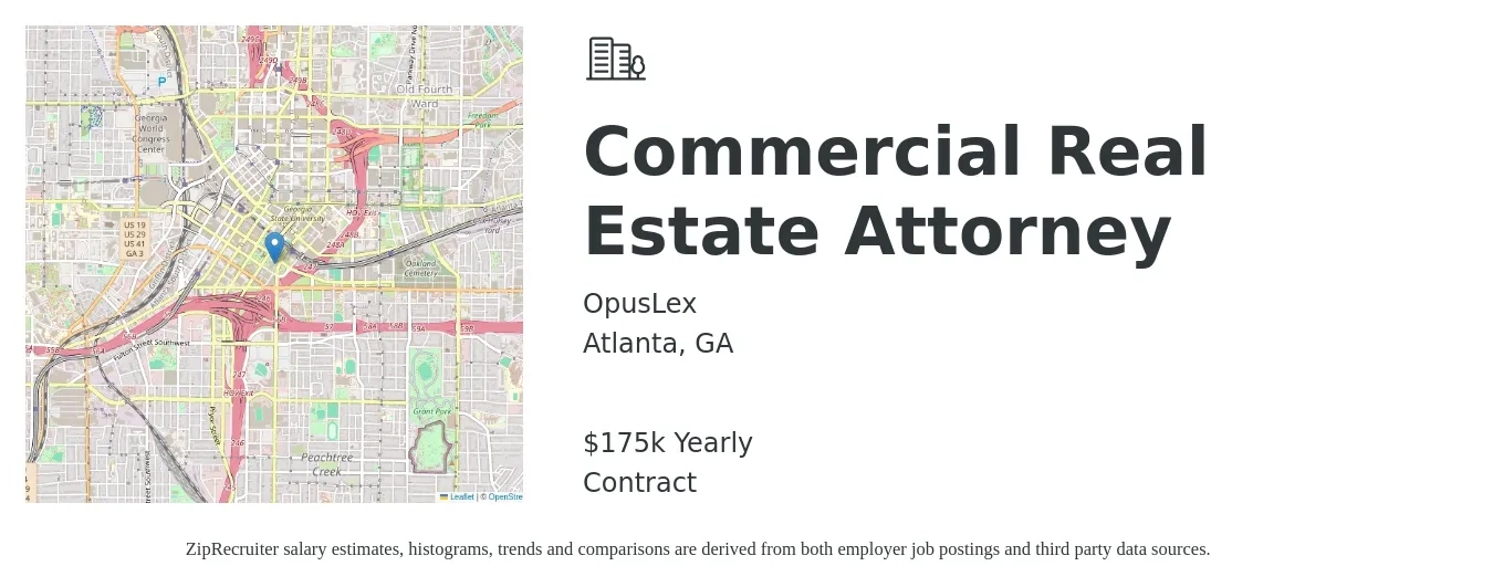 OpusLex job posting for a Commercial Real Estate Attorney in Atlanta, GA with a salary of $175,000 Yearly with a map of Atlanta location.