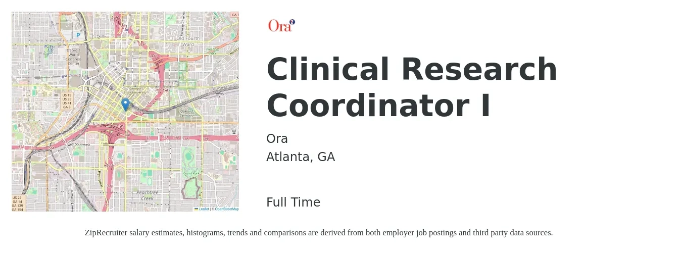 Ora job posting for a Clinical Research Coordinator I in Atlanta, GA with a salary of $23 to $31 Hourly with a map of Atlanta location.
