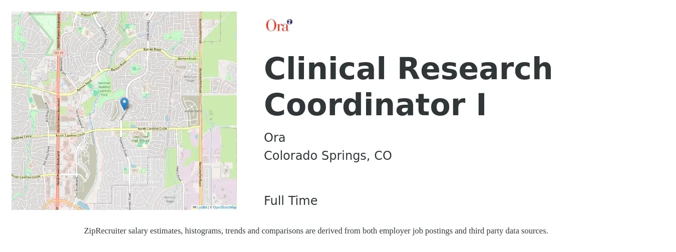 Ora job posting for a Clinical Research Coordinator I in Colorado Springs, CO with a salary of $24 to $32 Hourly with a map of Colorado Springs location.