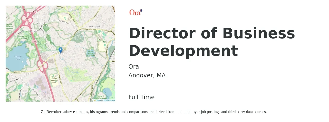 Ora job posting for a Director of Business Development in Andover, MA with a salary of $94,700 to $153,400 Yearly with a map of Andover location.