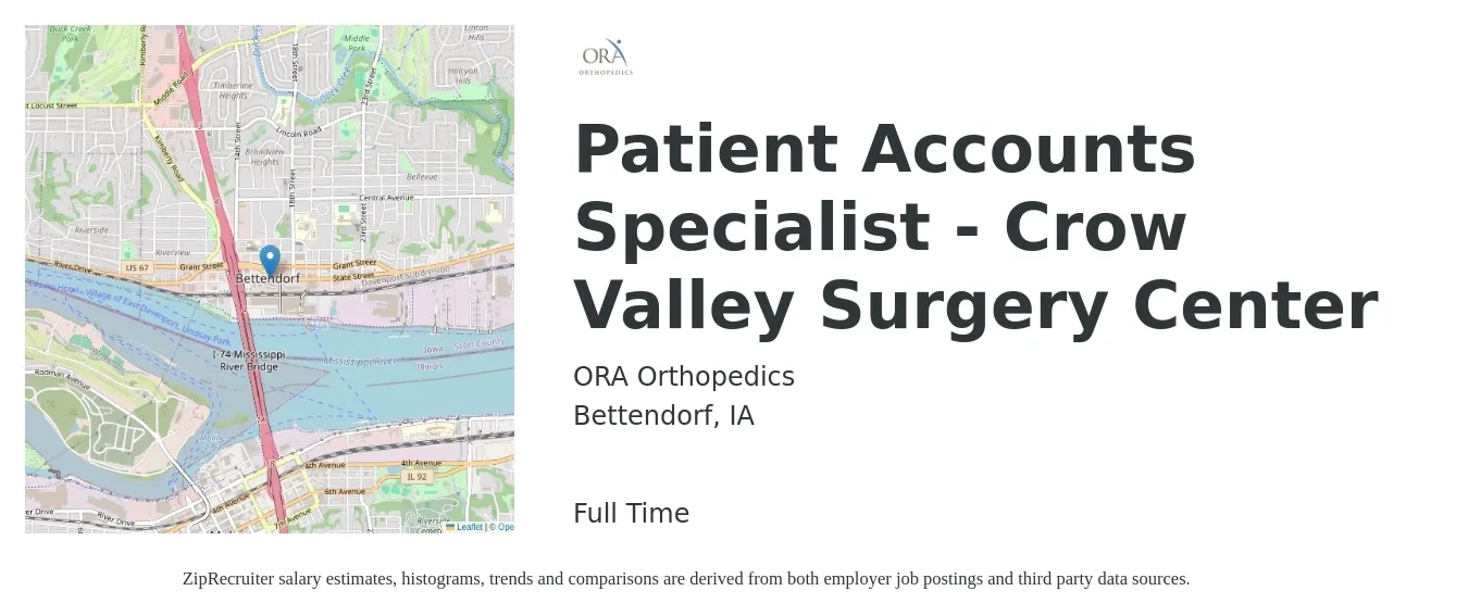 ORA Orthopedics job posting for a Patient Accounts Specialist - Crow Valley Surgery Center in Bettendorf, IA with a salary of $16 to $21 Hourly with a map of Bettendorf location.