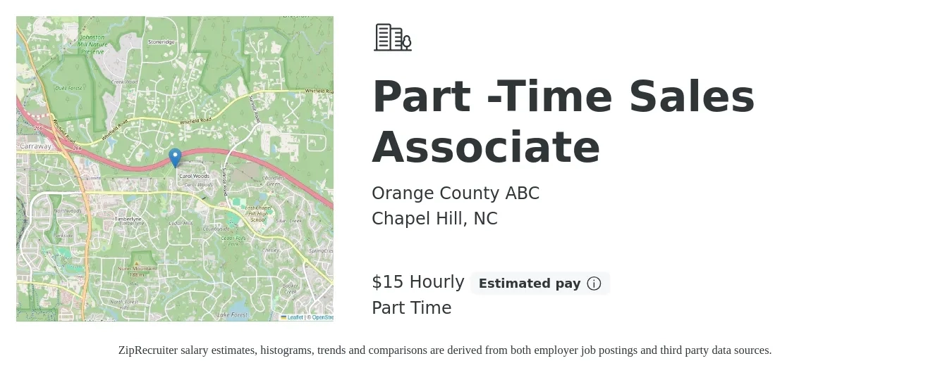 Orange County ABC job posting for a Part -Time Sales Associate in Chapel Hill, NC with a salary of $16 Hourly with a map of Chapel Hill location.