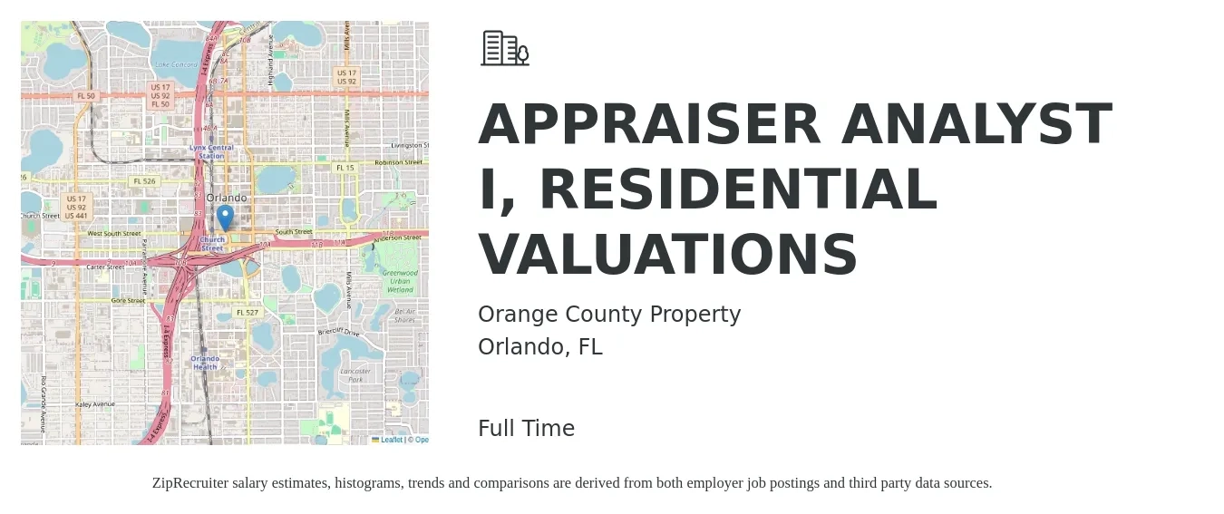 Orange County Property job posting for a APPRAISER ANALYST I, RESIDENTIAL VALUATIONS in Orlando, FL with a salary of $53,200 to $86,300 Yearly with a map of Orlando location.