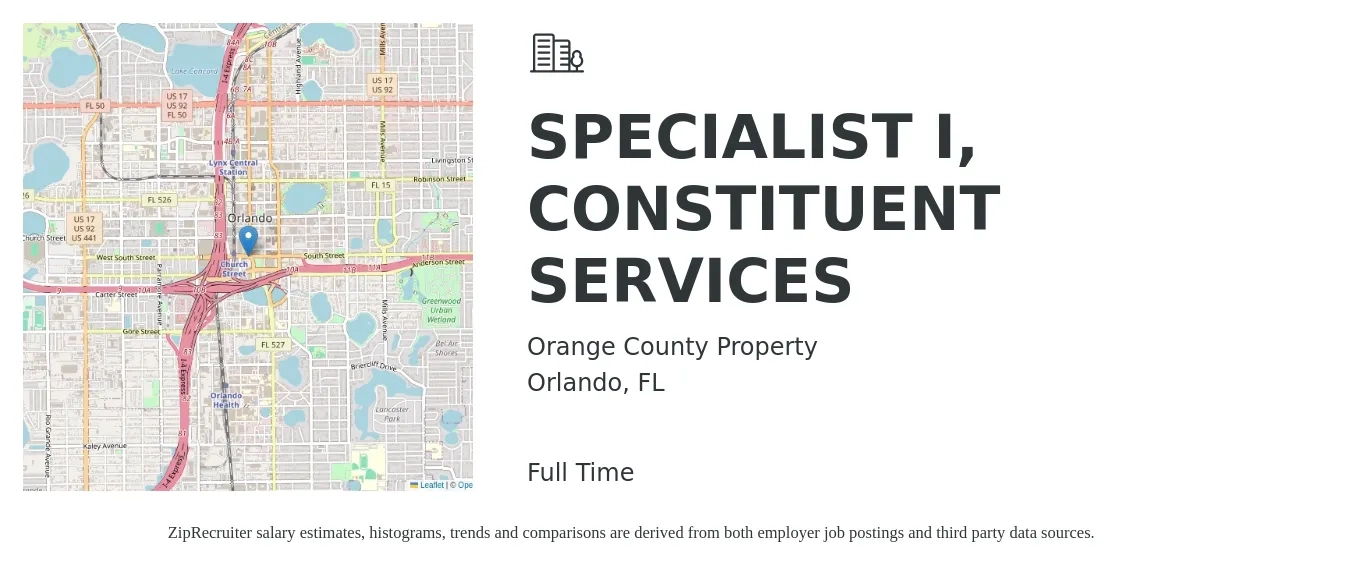 Orange County Property job posting for a SPECIALIST I, CONSTITUENT SERVICES in Orlando, FL with a map of Orlando location.