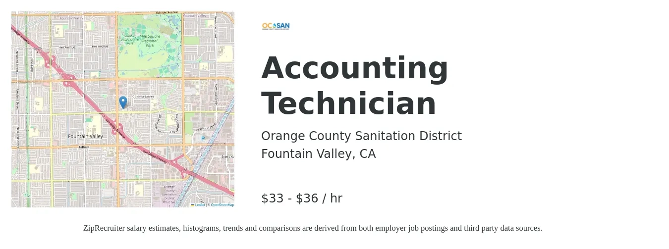 Orange County Sanitation District job posting for a Accounting Technician in Fountain Valley, CA with a salary of $35 to $38 Hourly with a map of Fountain Valley location.