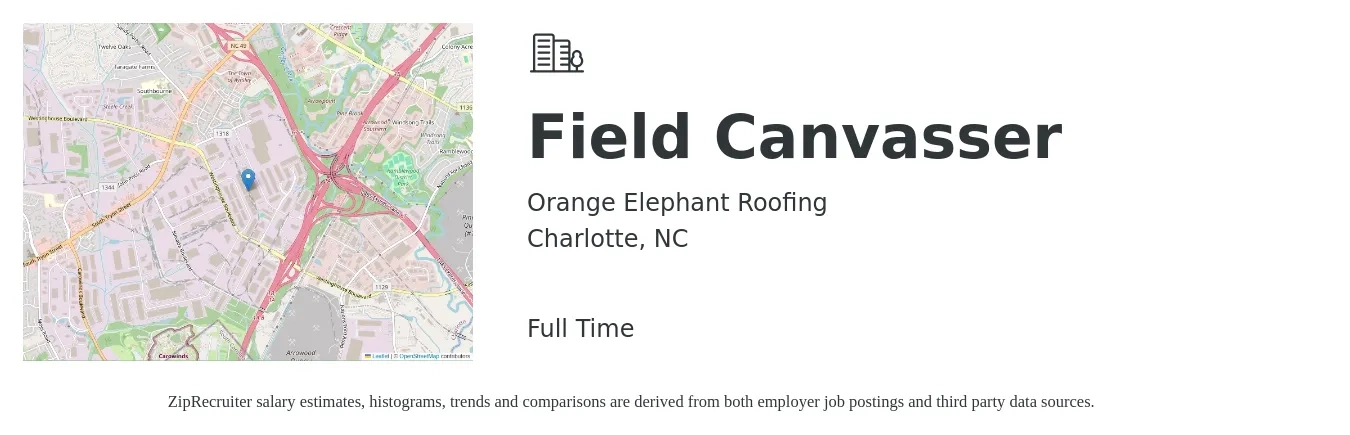 Orange Elephant Roofing job posting for a Field Canvasser in Charlotte, NC with a salary of $20 Hourly with a map of Charlotte location.