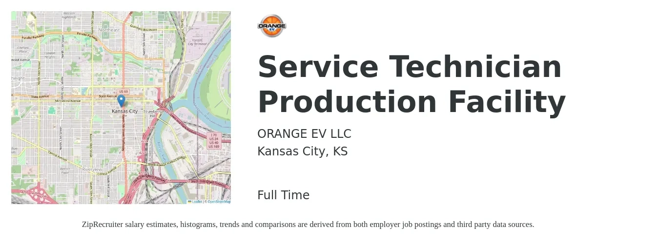ORANGE EV LLC job posting for a Service Technician Production Facility in Kansas City, KS with a salary of $16 to $20 Hourly with a map of Kansas City location.