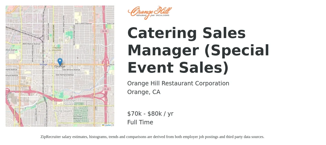 Orange Hill Restaurant Corporation job posting for a Catering Sales Manager (Special Event Sales) in Orange, CA with a salary of $75,000 to $90,000 Yearly with a map of Orange location.