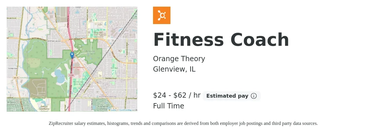 Orange Theory job posting for a Fitness Coach in Glenview, IL with a salary of $25 to $65 Hourly with a map of Glenview location.