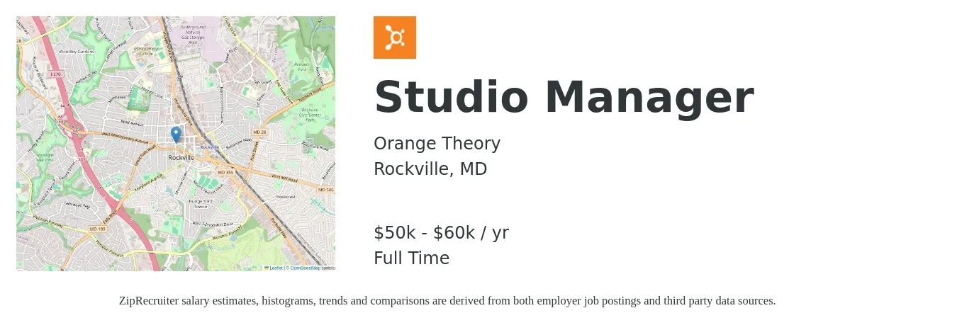 Orange Theory job posting for a Studio Manager in Rockville, MD with a salary of $50,000 to $60,000 Yearly with a map of Rockville location.
