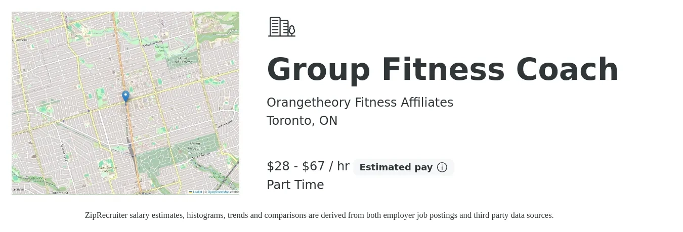 Orangetheory Fitness Affiliates job posting for a Group Fitness Coach in Toronto, ON with a salary of $30 to $70 Hourly with a map of Toronto location.