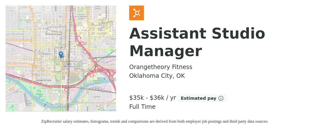 Orangetheory Fitness job posting for a Assistant Studio Manager in Oklahoma City, OK with a salary of $35,568 to $36,000 Yearly with a map of Oklahoma City location.