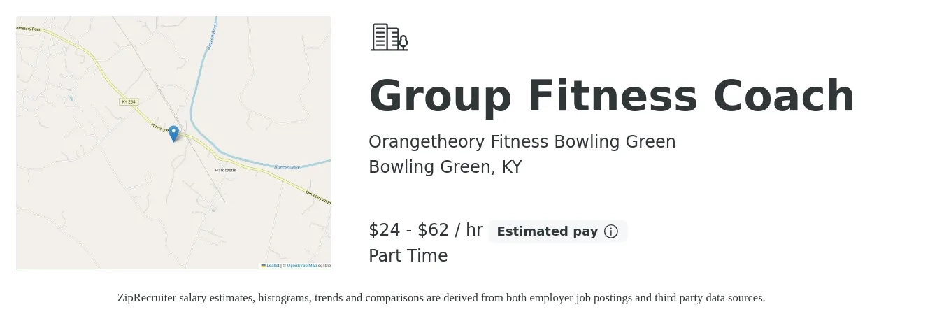 Orangetheory Fitness Bowling Green job posting for a Group Fitness Coach in Bowling Green, KY with a salary of $25 to $65 Hourly with a map of Bowling Green location.