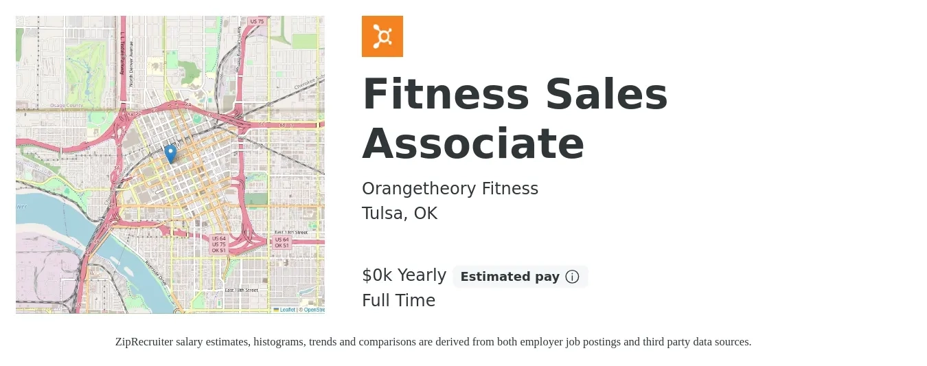 Orangetheory Fitness job posting for a Fitness Sales Associate in Tulsa, OK with a salary of $13 to $14 Yearly with a map of Tulsa location.