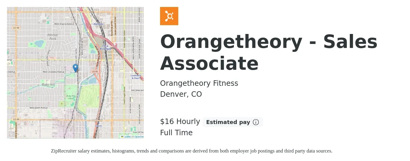 Orangetheory Fitness job posting for a Orangetheory - Sales Associate in Denver, CO with a salary of $17 Hourly with a map of Denver location.