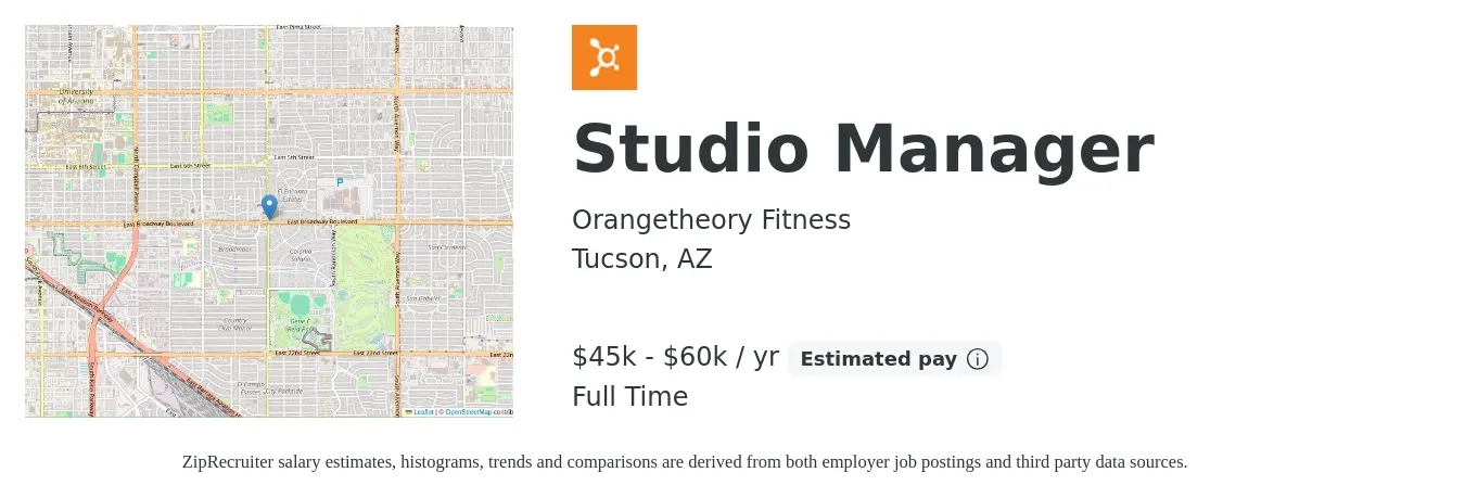 Orangetheory Fitness job posting for a Studio Manager in Tucson, AZ with a salary of $45,000 to $60,000 Yearly with a map of Tucson location.