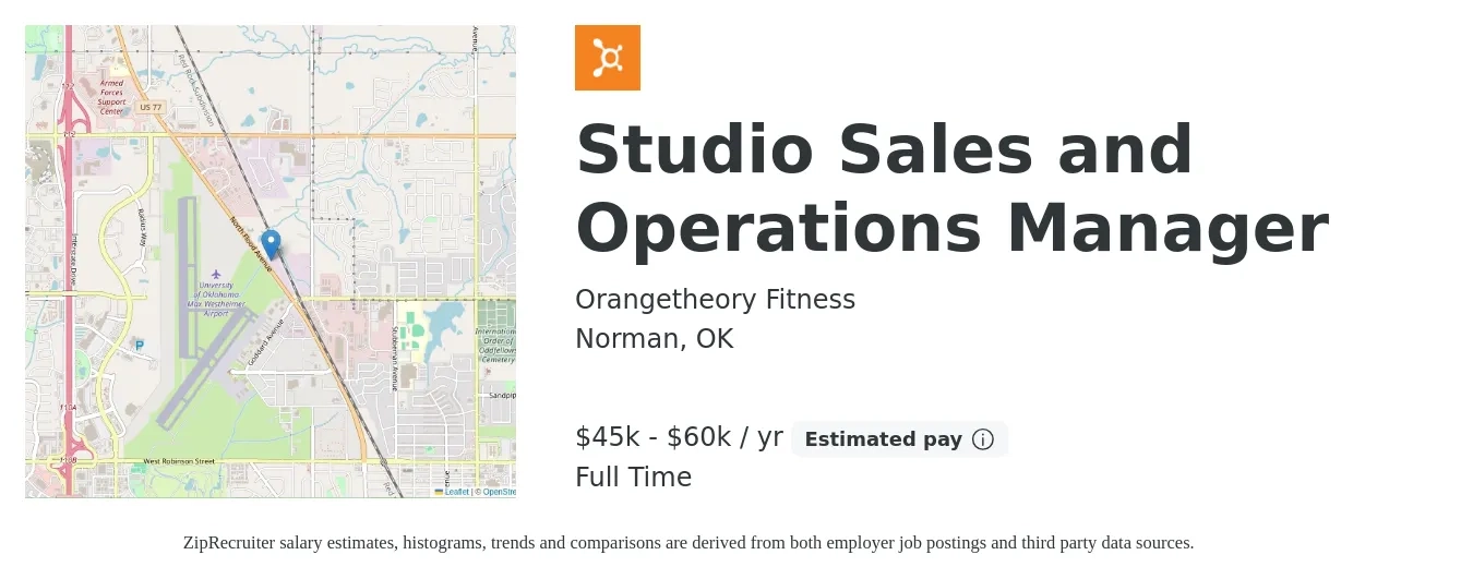 Orangetheory Fitness job posting for a Studio Sales and Operations Manager in Norman, OK with a salary of $45,000 to $60,000 Yearly with a map of Norman location.
