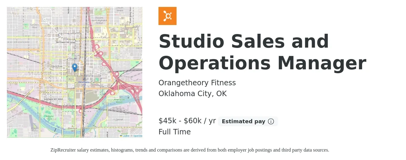 Orangetheory Fitness job posting for a Studio Sales and Operations Manager in Oklahoma City, OK with a salary of $45,000 to $60,000 Yearly with a map of Oklahoma City location.