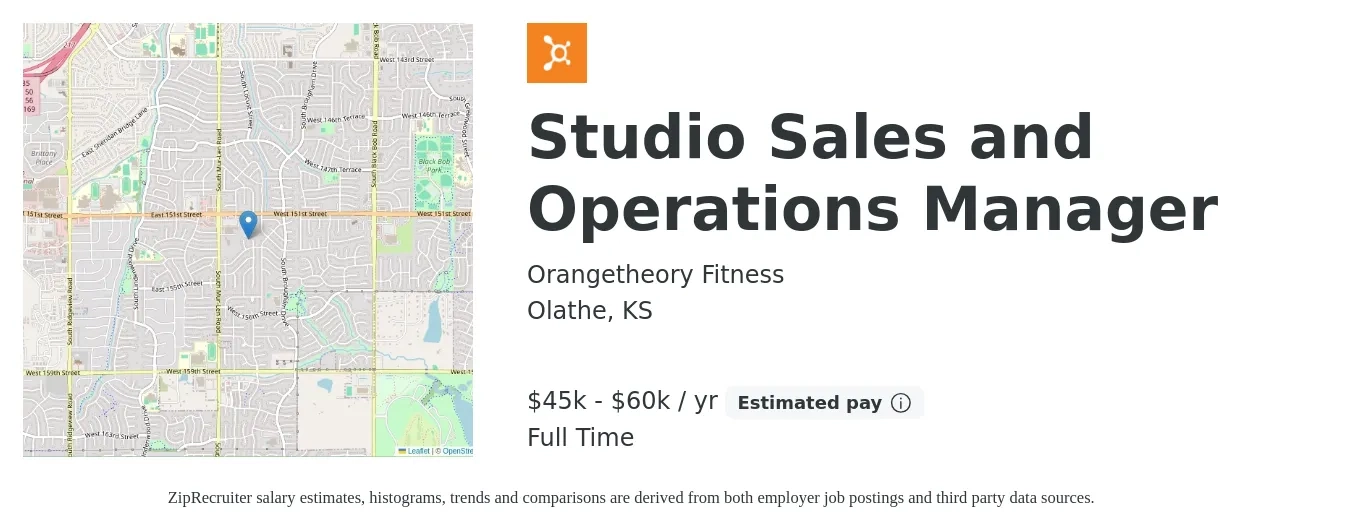 Orangetheory Fitness job posting for a Studio Sales and Operations Manager in Olathe, KS with a salary of $45,000 to $60,000 Yearly with a map of Olathe location.