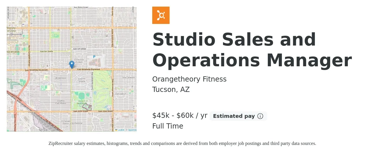 Orangetheory Fitness job posting for a Studio Sales and Operations Manager in Tucson, AZ with a salary of $45,000 to $60,000 Yearly with a map of Tucson location.
