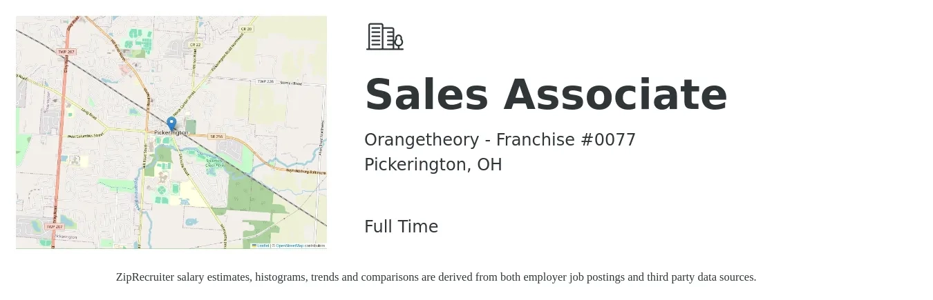 Orangetheory - Franchise #0077 job posting for a Sales Associate in Pickerington, OH with a salary of $11 to $20 Hourly with a map of Pickerington location.