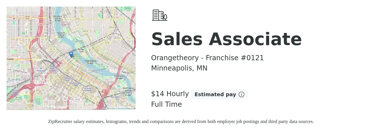 Orangetheory - Franchise #0121 job posting for a Sales Associate in Minneapolis, MN with a salary of $15 Hourly with a map of Minneapolis location.