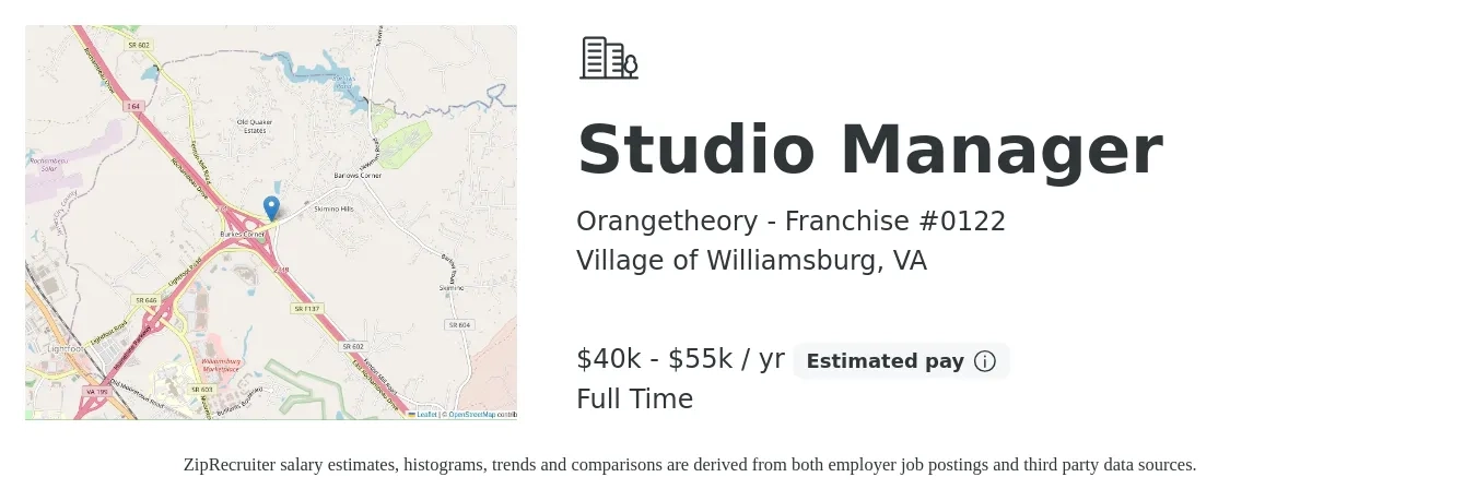 Orangetheory - Franchise #0122 job posting for a Studio Manager in Village of Williamsburg, VA with a salary of $40,000 to $55,000 Yearly with a map of Village of Williamsburg location.