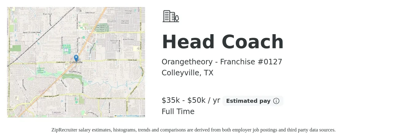 Orangetheory - Franchise #0127 job posting for a Head Coach in Colleyville, TX with a salary of $35,000 to $50,000 Yearly with a map of Colleyville location.