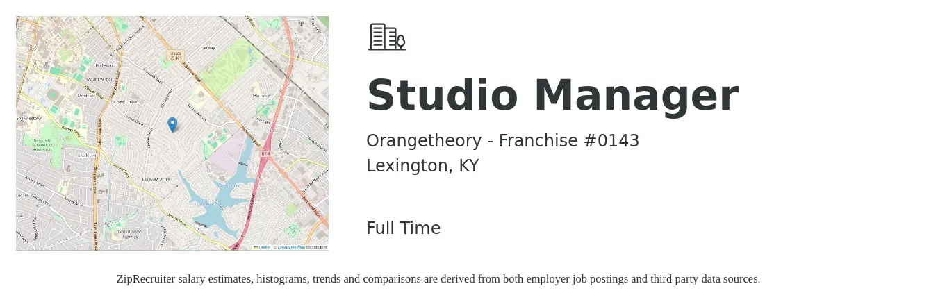 Orangetheory - Franchise #0143 job posting for a Studio Manager in Lexington, KY with a salary of $38,500 to $55,000 Yearly with a map of Lexington location.