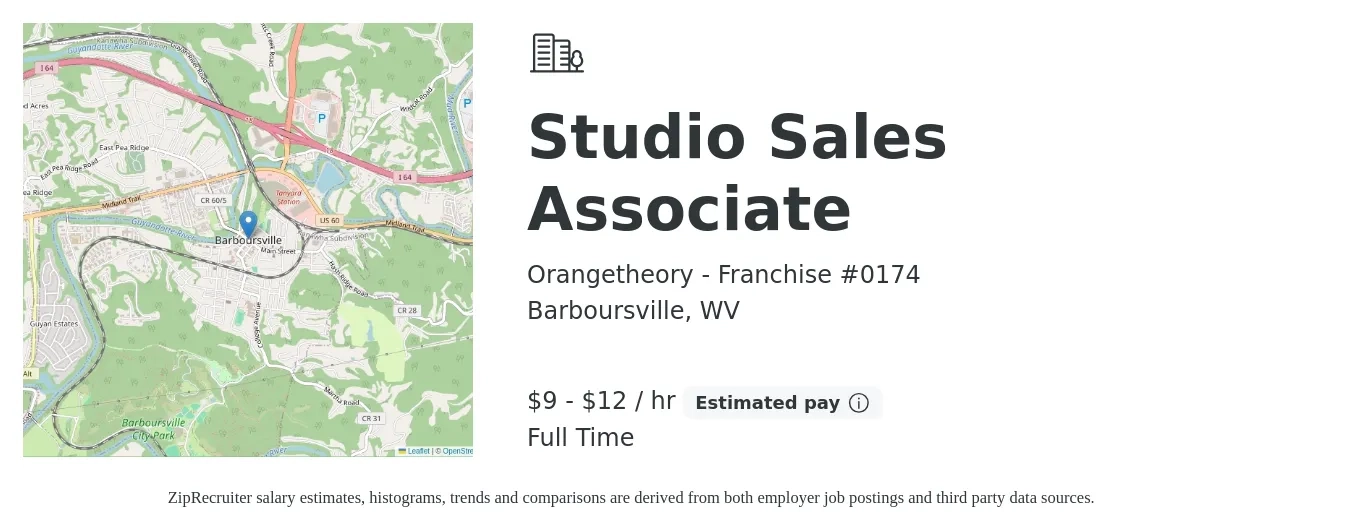 Orangetheory - Franchise #0174 job posting for a Studio Sales Associate in Barboursville, WV with a salary of $10 to $13 Hourly with a map of Barboursville location.