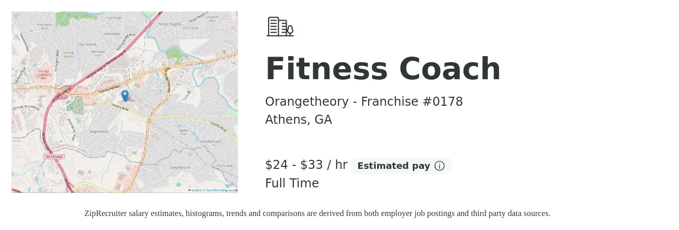 Orangetheory - Franchise #0178 job posting for a Fitness Coach in Athens, GA with a salary of $25 to $35 Hourly with a map of Athens location.