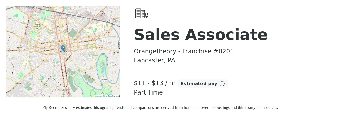 Orangetheory - Franchise #0201 job posting for a Sales Associate in Lancaster, PA with a salary of $12 to $14 Hourly with a map of Lancaster location.