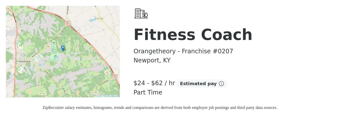 Orangetheory - Franchise #0207 job posting for a Fitness Coach in Newport, KY with a salary of $25 to $65 Hourly with a map of Newport location.