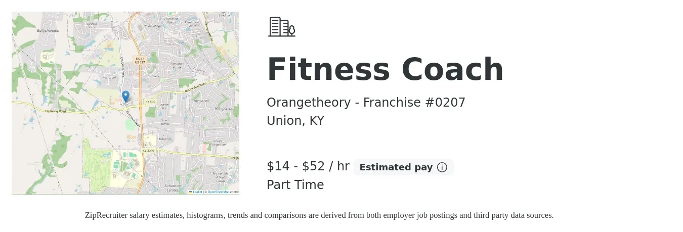 Orangetheory - Franchise #0207 job posting for a Fitness Coach in Union, KY with a salary of $15 to $55 Hourly with a map of Union location.