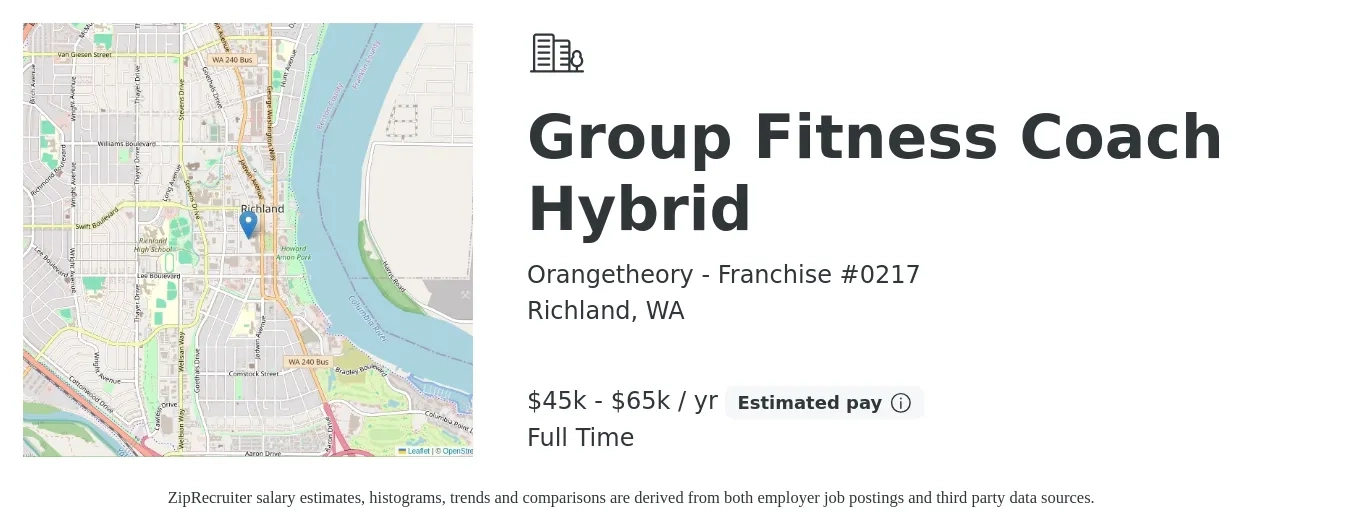Orangetheory - Franchise #0217 job posting for a Group Fitness Coach Hybrid in Richland, WA with a salary of $45,000 to $65,000 Yearly with a map of Richland location.