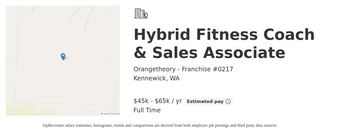Orangetheory - Franchise #0217 job posting for a Hybrid Fitness Coach & Sales Associate in Kennewick, WA with a salary of $45,000 to $65,000 Yearly with a map of Kennewick location.