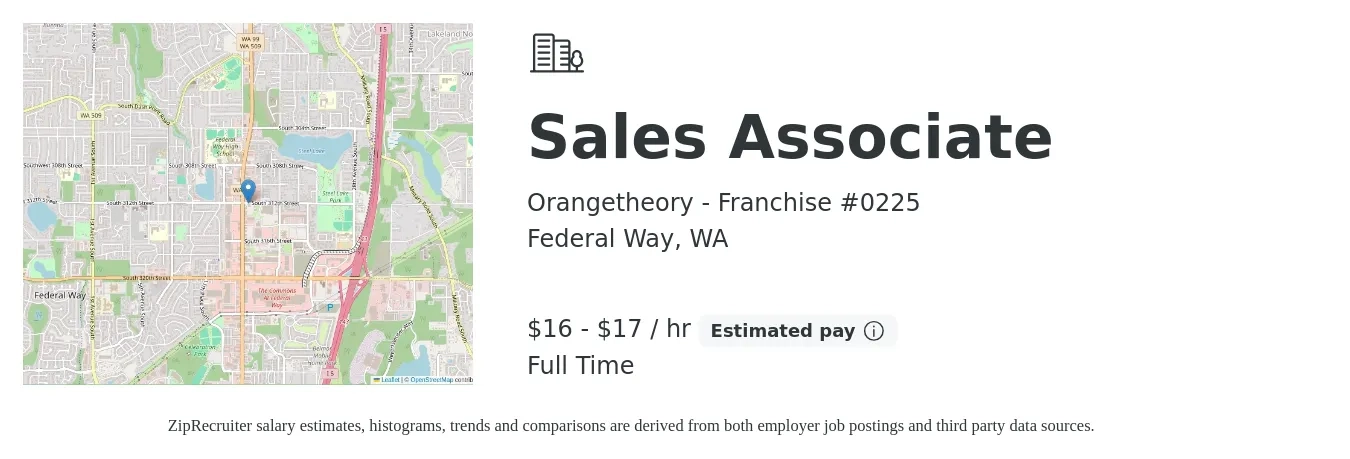 Orangetheory - Franchise #0225 job posting for a Sales Associate in Federal Way, WA with a salary of $17 to $19 Hourly with a map of Federal Way location.