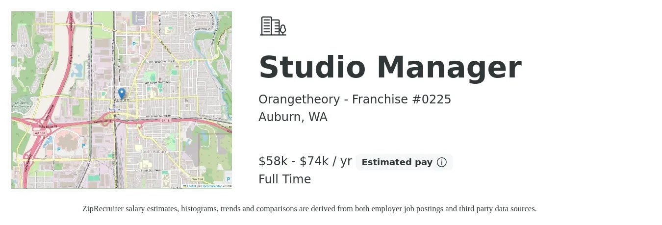 Orangetheory - Franchise #0225 job posting for a Studio Manager in Auburn, WA with a salary of $58,000 to $74,000 Yearly with a map of Auburn location.