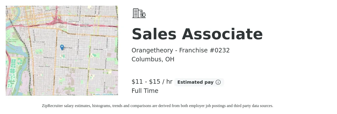 Orangetheory - Franchise #0232 job posting for a Sales Associate in Columbus, OH with a salary of $12 to $16 Hourly with a map of Columbus location.