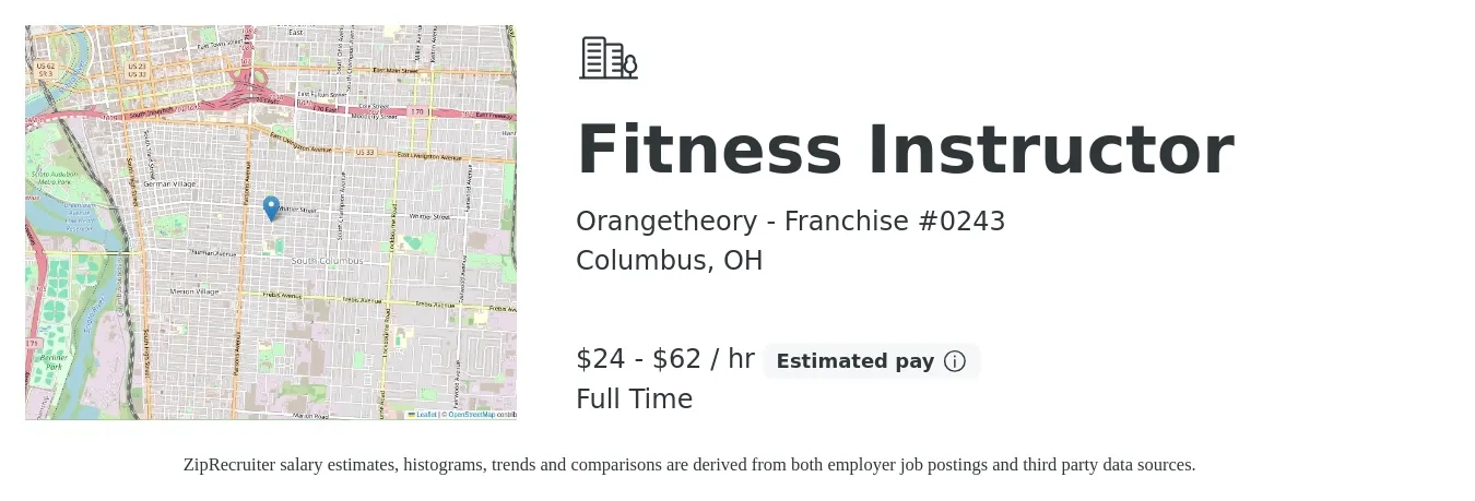 Orangetheory - Franchise #0243 job posting for a Fitness Instructor in Columbus, OH with a salary of $25 to $65 Hourly with a map of Columbus location.